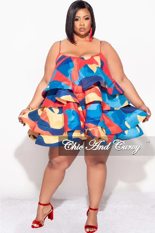 Large women's breathable topsFinal Sale Plus Size Spaghetti Strap Tiered Ruffle Mini Dress in Red Yellow and Turquoise Multi Color