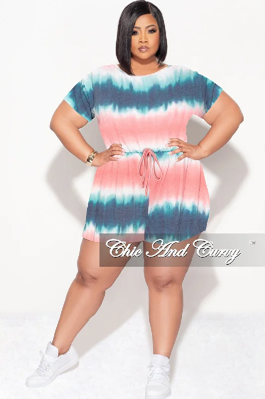 Plus size women's V-neck topsFinal Sale Plus Size Romper with Drawstring in Pink Blue and Teal