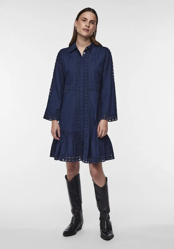 Y.A.S Janna Crochet Trim Mini Shirt Dress, Dark BluePlaid Dress