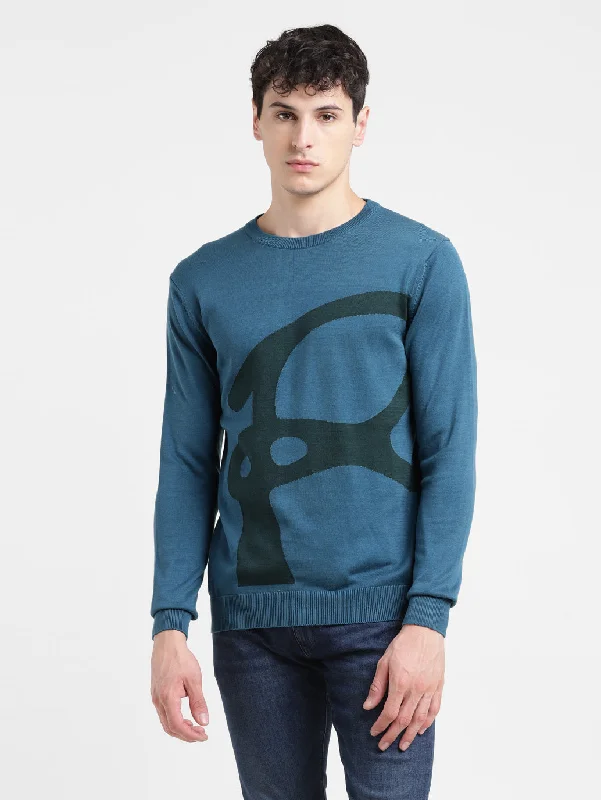 Men's Solid Blue Crew Neck SweaterOutdoor Knit Tops