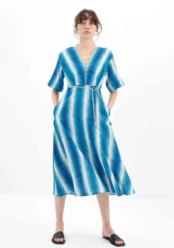 Birélin Half Zip Printed A-Line Midi Dress, BlueTactical Dress