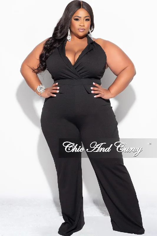 Large women's polyester topsFinal Sale Plus Size Faux Wrap Halter Jumpsuit in Black