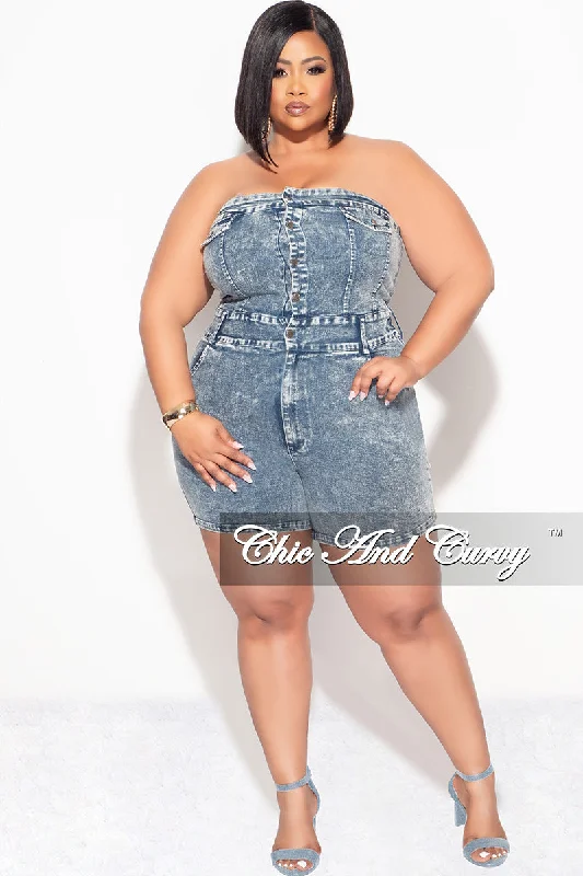 Large women's cropped topsFinal Sale Plus Size Strapless Button Up Romper in Denim Acid Wash