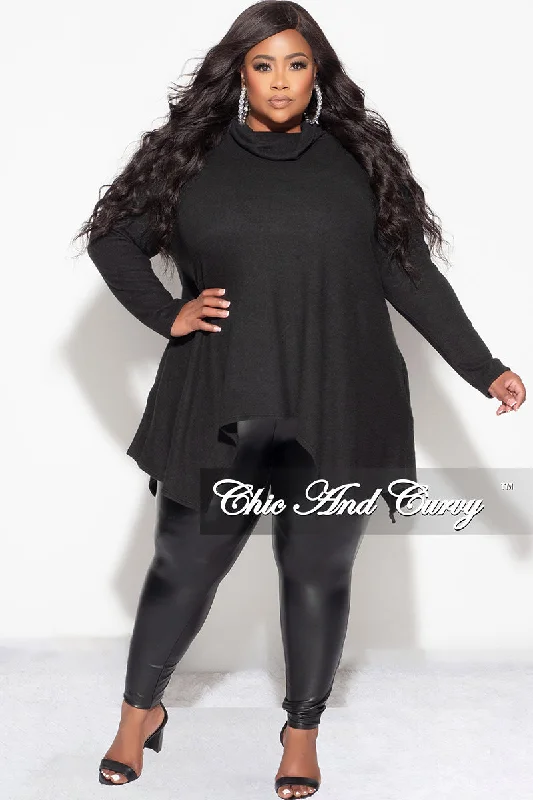 Knitted TeeFinal Sale Plus Size Cozy Turtleneck High-Low Pocket Tunic Top in Black