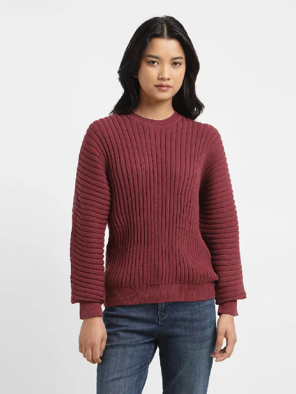 Women's Self Design Maroon Crew Neck SweaterPolyester Knit Tops