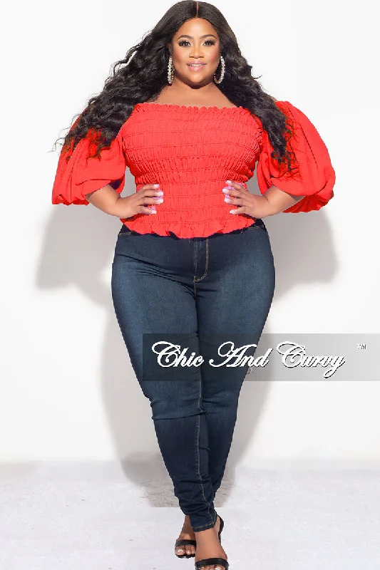 Large women's slim topsFinal Sale Plus Size Off the Shoulder Smocked Top in Orange