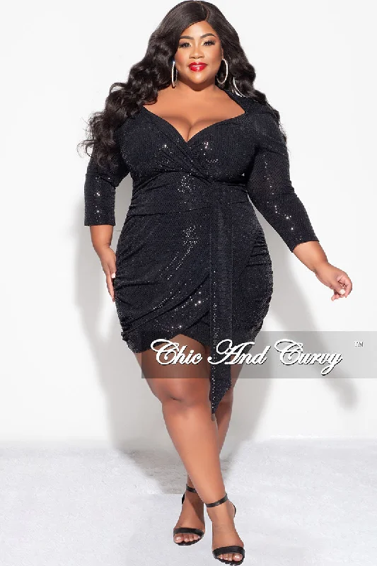 Women's spring topsFinal Sale Plus Size Bodycon V-Neck Long Sleeve Confetti Dot Knit Sequin Dress in Black