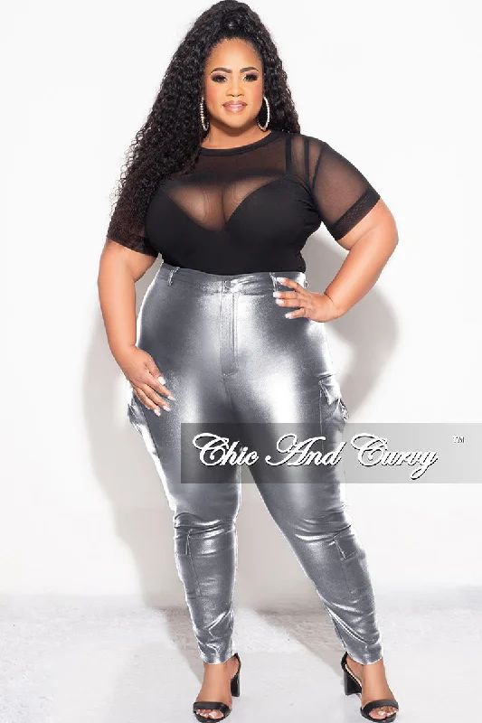 Large women's blended topsFinal Sale Plus Size Slim Cargo Pants in Metallic Silver