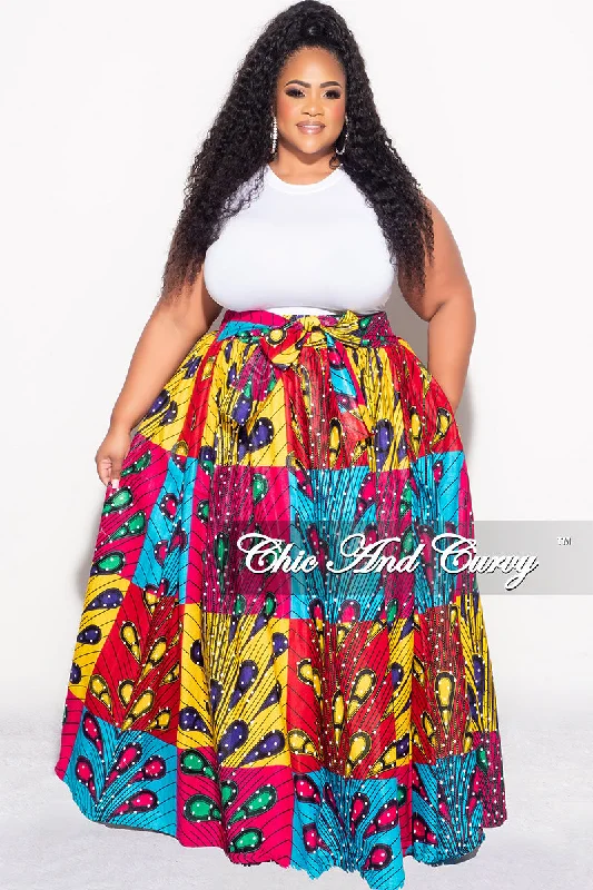 Plus size women's cotton topsFinal Sale Plus Size High Waist Maxi Skirt with Tie in Multi Color Design Print