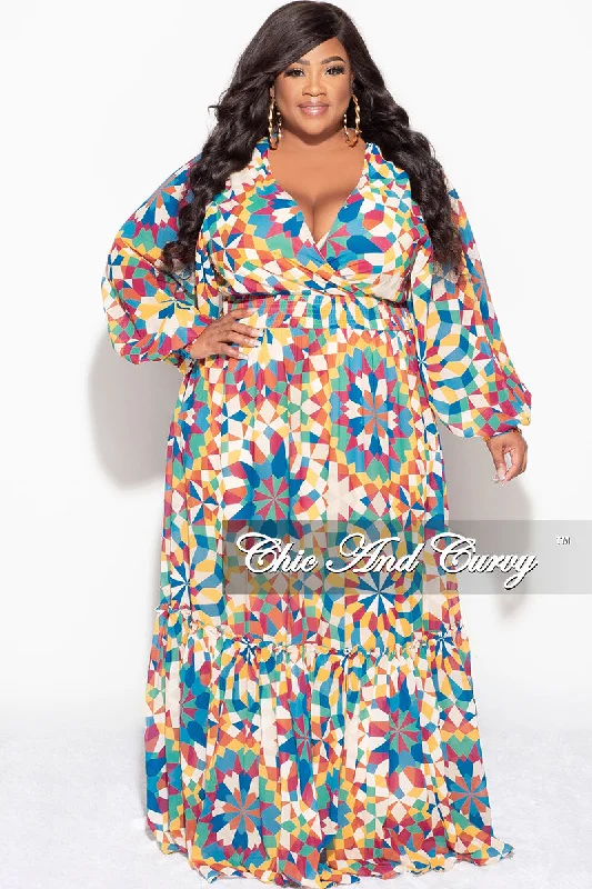 Plus size women's solid color topsFinal Sale Plus Size Chiffon Faux Wrap Maxi Dress In Multi Color Design Print