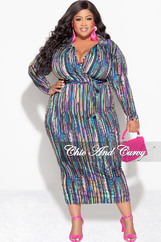 Plus size women's striped topsFinal Sale Plus Size Bodycon Faux Wrap Dress in Multi-Color Print