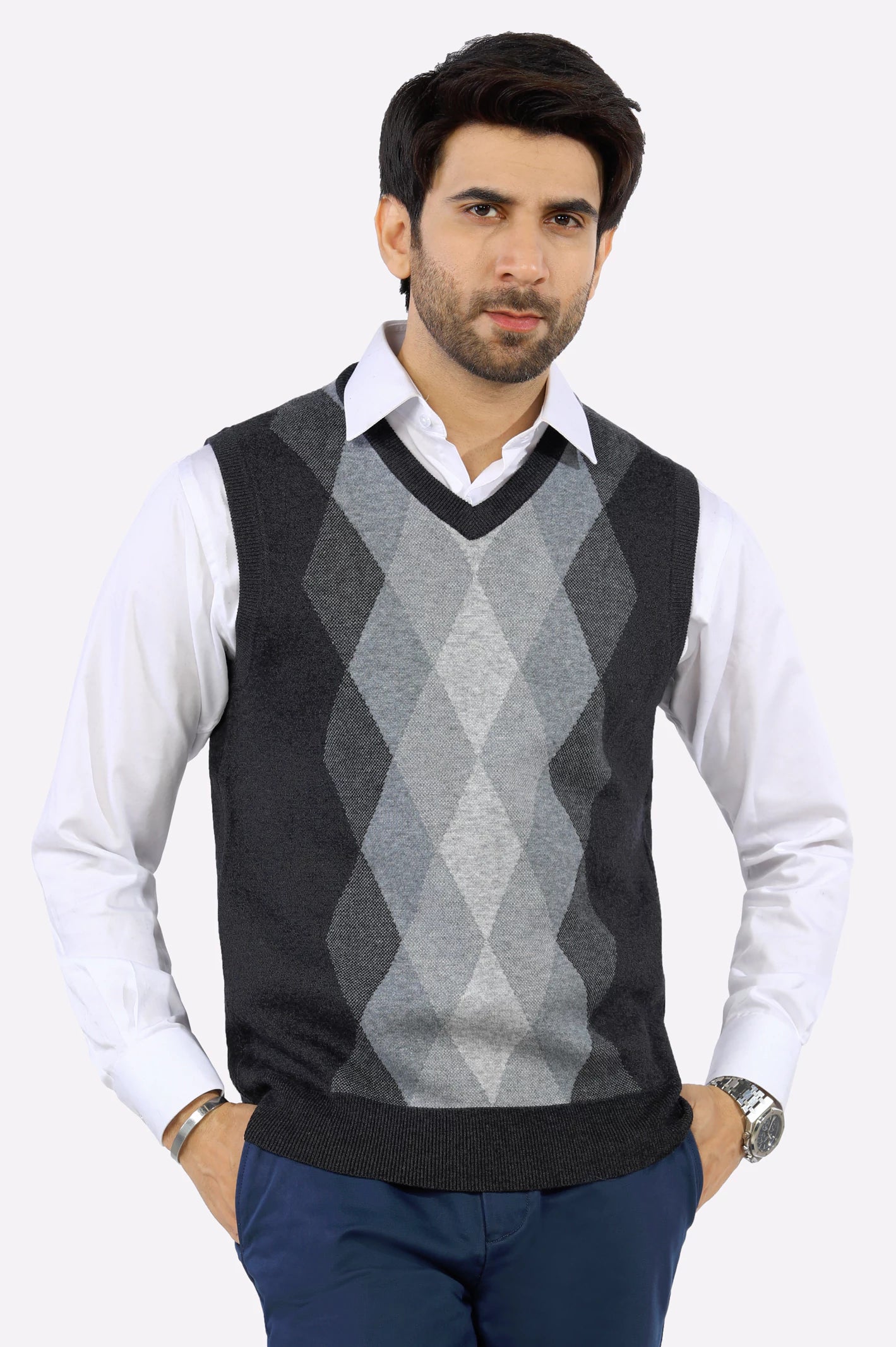 Grey V-Neck Gents SweaterWool Knit Tops