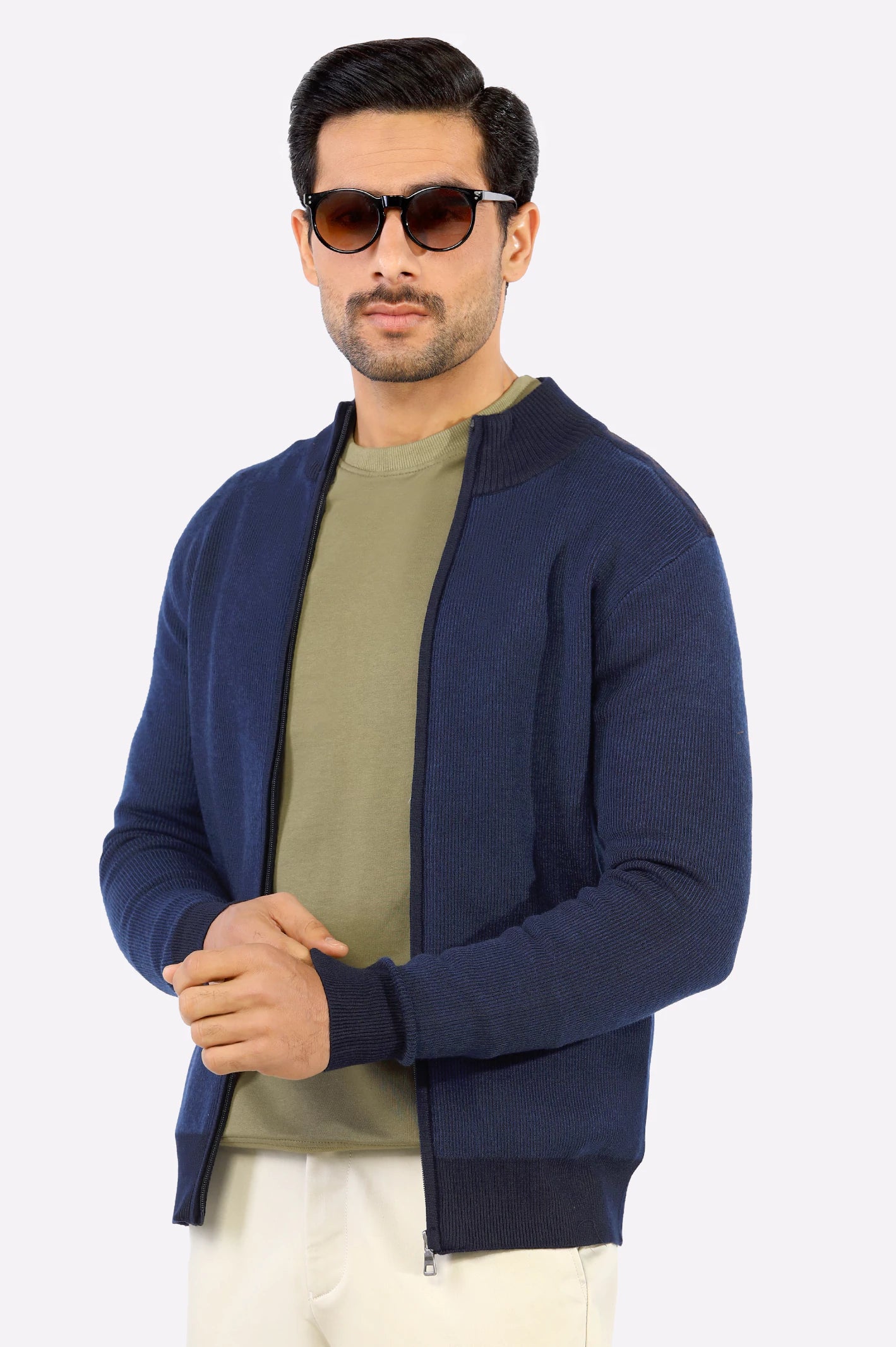 Navy Blue Zip-Up Gents SweaterAsymmetrical Knit Tops