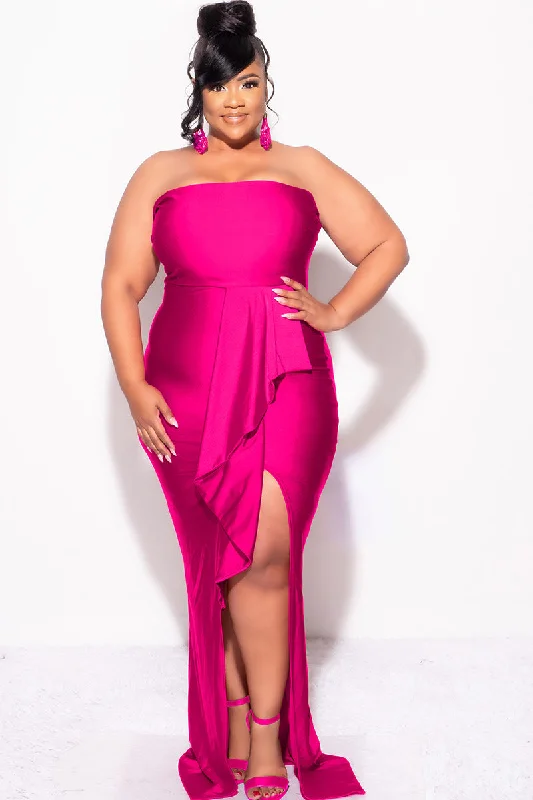 Women's thick topsFinal Sale Plus Size Strapless Ruffle Dress with Slit in Fuchsia