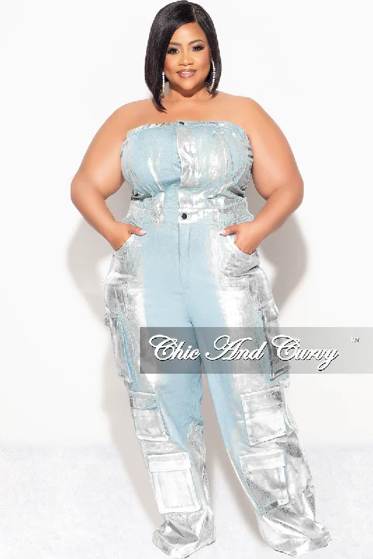 Large women's waist-baring topsFinal Sale Plus Size Cargo Jumpsuit in Denim Silver Foil