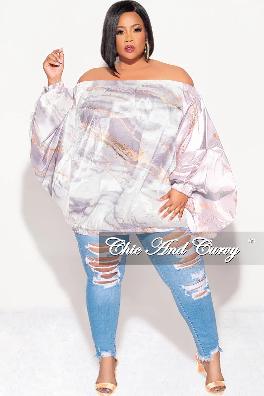 Plus size women's striped topsFinal Sale Plus Size Off the Shoulder Bubble Dress/Tunic  in
White & Grey Marble Print