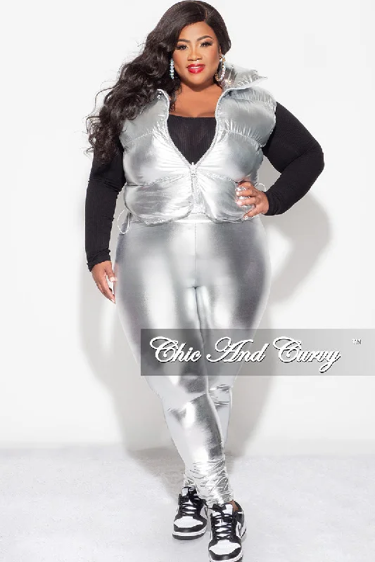 Large women's sweat-wicking topsFinal Sale Plus Size Metallic Puffy Vest in Silver