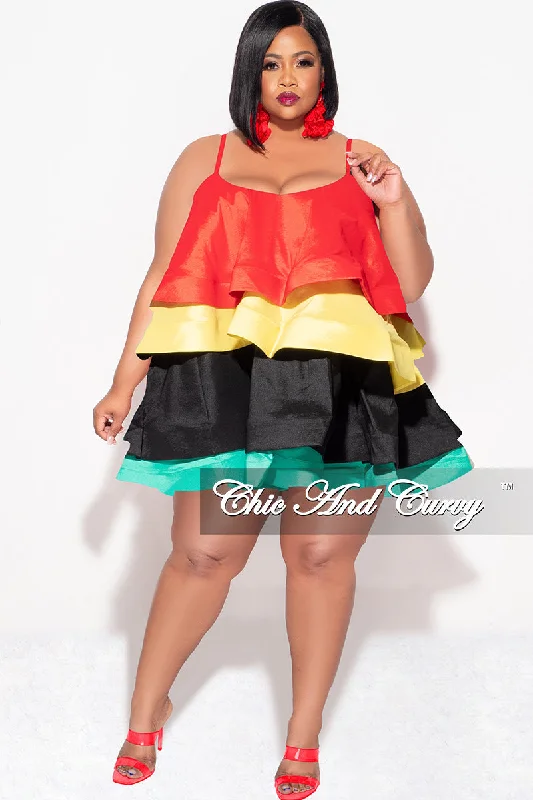 Knitted ShirtFinal Sale Plus Size Spaghetti Strap Tiered Ruffle Mini Rasta Dress in Red Black Yellow and Green