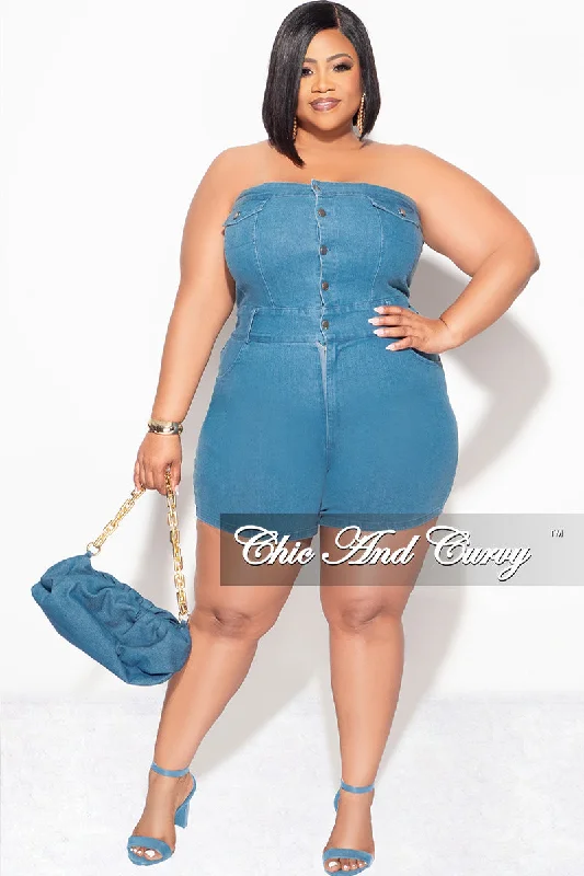 Large women's belly-baring topsFinal Sale Plus Size Strapless Button Up Romper in Denim