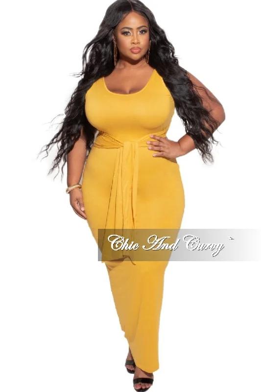 Women's fleece topsFinal Sale Plus Size Midi Dress with Attached Belt in Mustard