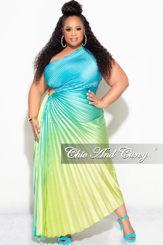 Knit TopFinal Sale Plus Size Satin One Shoulder Asymmetric Pleated Dress with Cut Out in Teal and Green