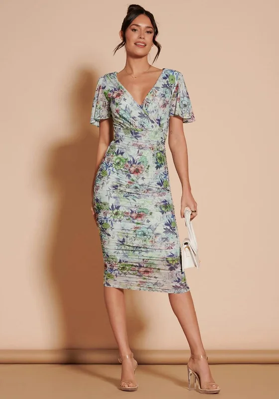 Jolie Moi Angel Sleeve Rushed Midi Dress, Green FloralLace Dress