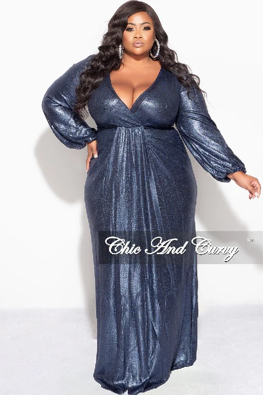 Large women's cardigan topsFinal Sale Plus Size Faux Wrap Gown with Pleated Waist & Balloon Sleeves in Midnight Blue Metallic Lux Fabric