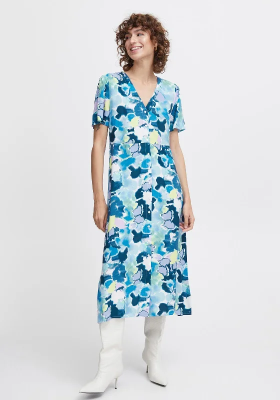 B.Young Joella Watercolour Inspired Buttoned Midi Dress, Angel BlueBusiness Dress