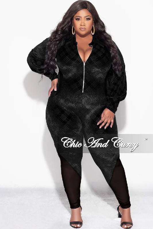 Large women's zipper topsFinal Sale Plus Size Velvet Mesh Contrast Zip-Up Jumpsuit in Black