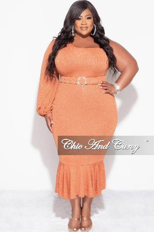 Women's affordable topsFinal Sale Plus Size Shimmer One Shoulder Midi Dress with Bottom Ruffle in Rust