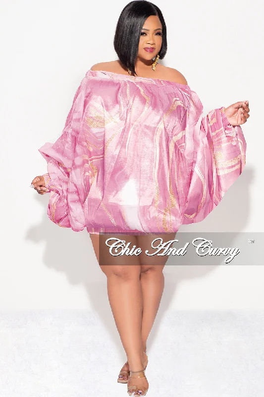 Plus size women's solid color topsFinal Sale Plus Size Off the Shoulder Bubble Dress/Tunic in
Pink & Gold Marble Print