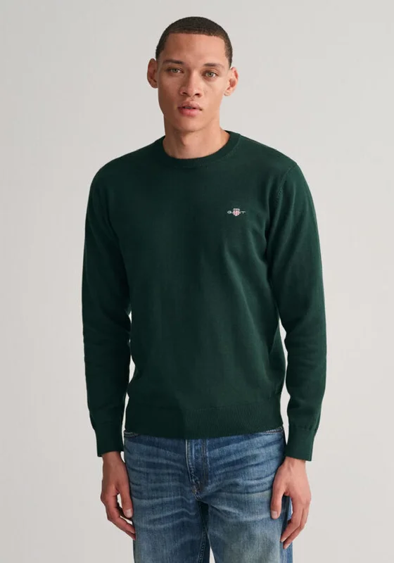 Gant Classic Cotton Crew Neck Sweater, Tartan GreenSilk Knit Tops