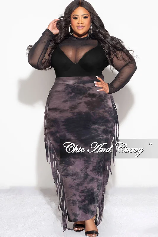 Plus size women's V-neck topsFinal Sale Plus Size High Waist Fringe Trim Pencil Skirt in Black and Purple Tie Dye Print