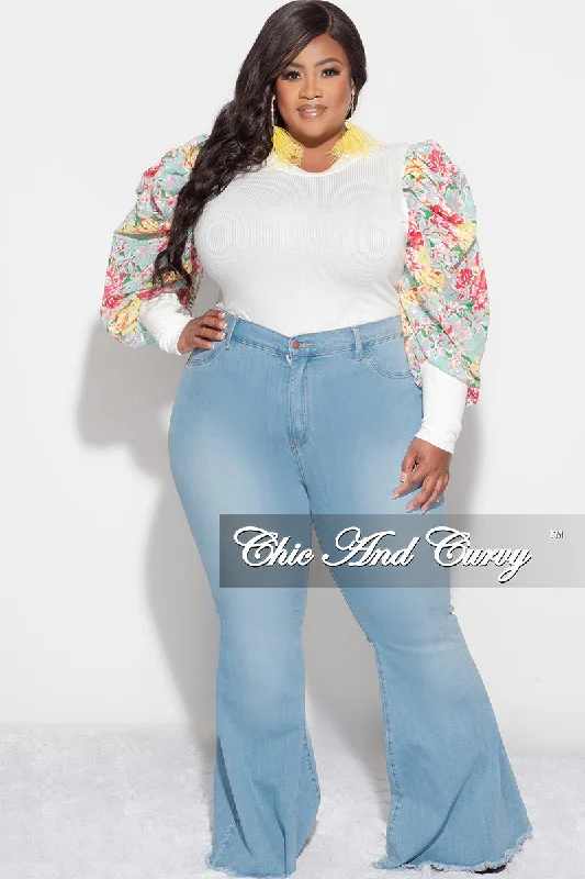 Women's long sleeve topsFinal Sale Plus Size Long Sleeve Ribbed Top with Puffy Sleeves in Yellow Multi Floral Print