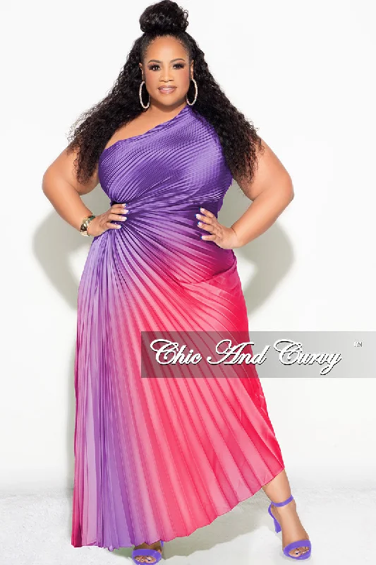 Knitted TopFinal Sale Plus Size Satin One Shoulder Asymmetric Pleated Dress with Cut Out in Purple and Fuchsia