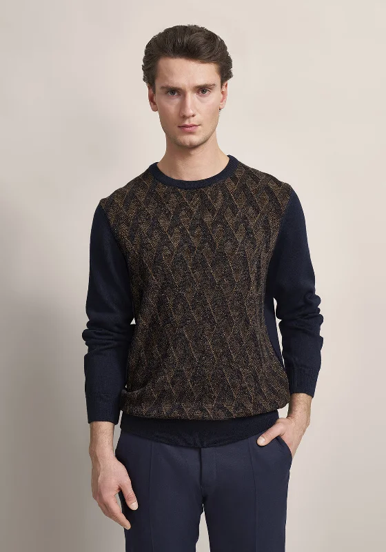 Bugatti Two Tone O Neck Knit Sweater, Navy & BrownLongline Knit Tops