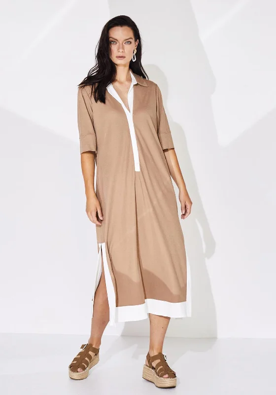 Naya Contrast Band Button Through Midi Dress, Camel & WhiteSweater Dress