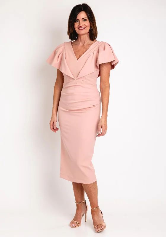 Kevan Jon Karolina Frill Sleeve Midi Dress, BlushSlit Dress