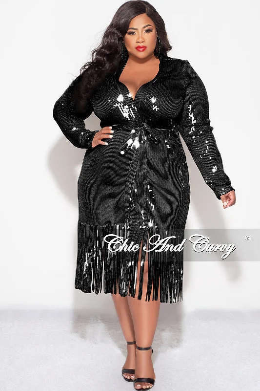 Women's winter topsFinal Sale Plus Size Faux Sequin Duster with Belt in Black