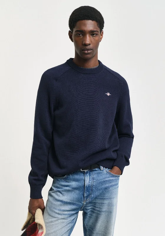 Gant Cotton Saddle Crew Neck Sweater, Evening BlueCashmere Knit Tops