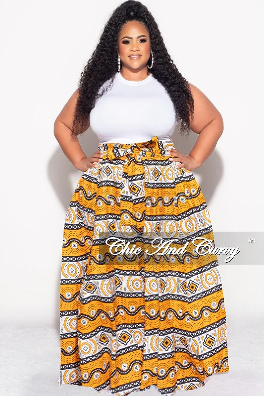 Plus size women's silk topsFinal Sale Plus Size High Waist Maxi Skirt with Tie in Mustard Design Print