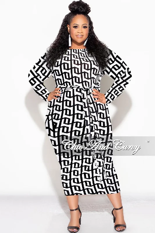 Plus size women's elegant topsFinal Sale Plus Size BodyCon Dress in Black and White Design Print