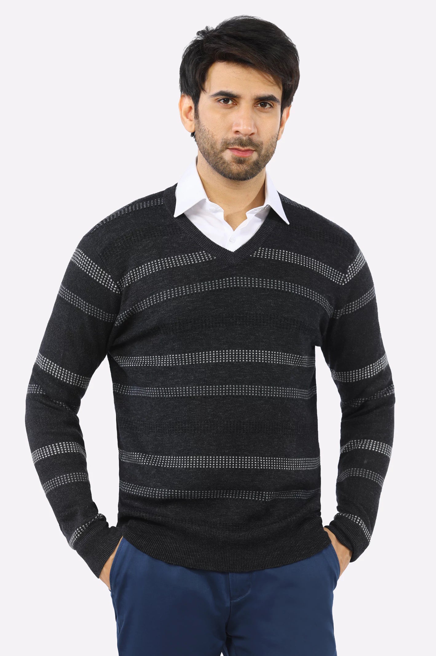 Grey V-Neck Gents SweaterLinen Knit Tops