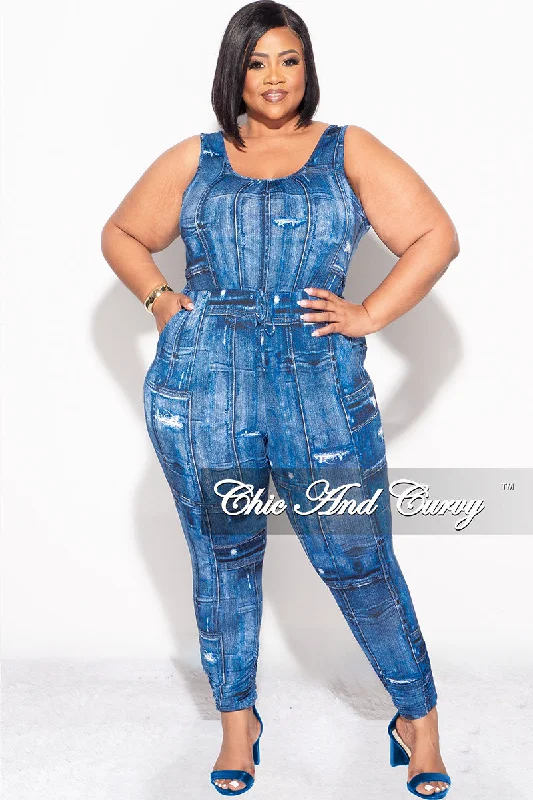 Plus size women's turtleneck topsFinal Sale Plus Size Drawstring Keyhole Jumpsuit in Denim Print