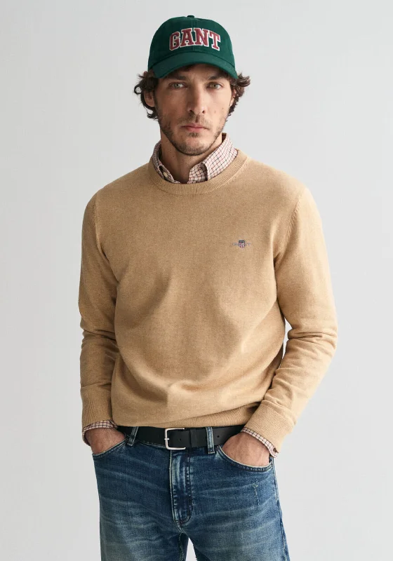 Gant Classic Cotton Crew Neck Sweater, Khaki MelangeCotton Knit Tops