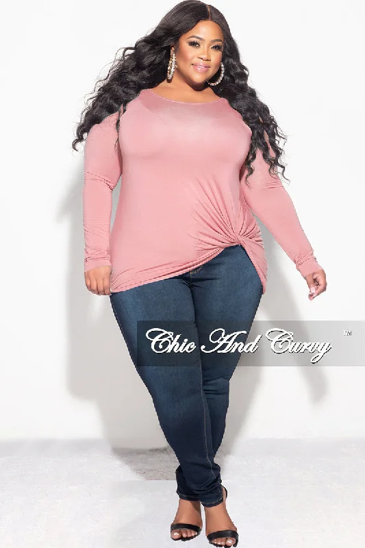 Large women's slim topsFinal Sale Plus Size Long Sleeve Top with Knotted Front in Rose Pink