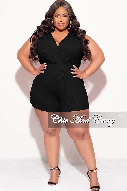 Women's party topsFinal Sale Plus Size Ribbed Faux Wrap Romper in Black