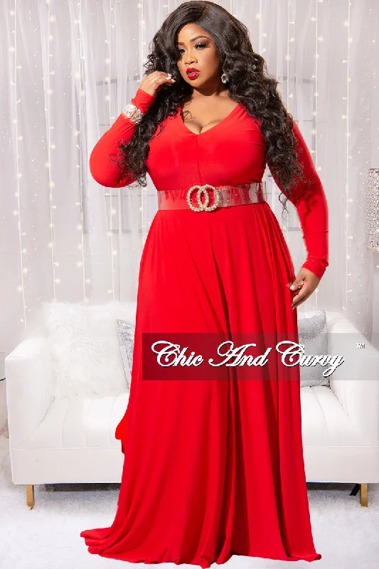 Women's thin topsFinal Sale Plus Size Long Sleeve Gown with V-Neck in Red