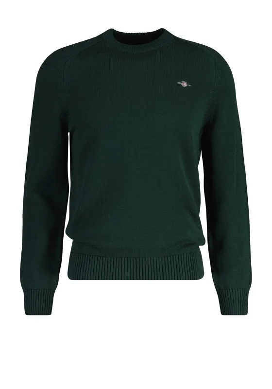 Gant Cotton Saddle Crew Neck Sweater, Tartan GreenWool Knit Tops