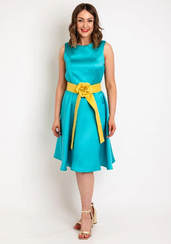 Camelot Corsage Belt A-Line Knee Length Dress, TurquoiseOffice Dress